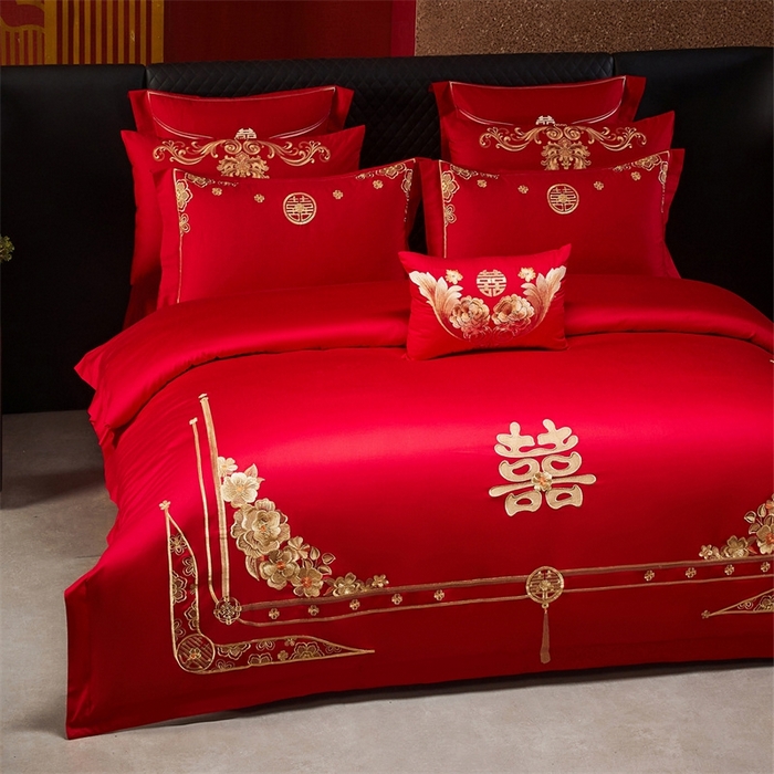 91家纺网 家纺一手货源 找家纺 红番天婚庆 （控价）2025新款全棉新中式刺绣款婚庆四件套多件套 嫁娶-金