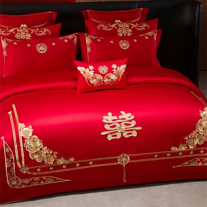 91家纺网 家纺一手货源 找家纺 红番天婚庆 （控价）2025新款全棉新中式刺绣款婚庆四件套多件套 嫁娶-金