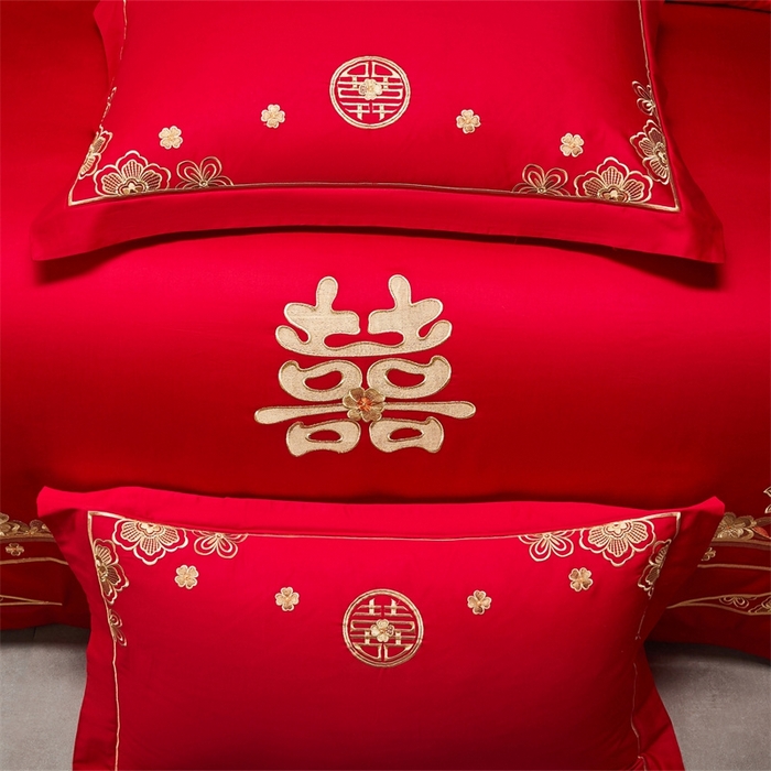 91家纺网 家纺一手货源 找家纺 红番天婚庆 （控价）2025新款全棉新中式刺绣款婚庆四件套多件套 嫁娶-金