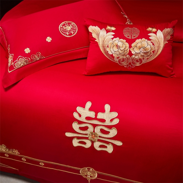 91家纺网 家纺一手货源 找家纺 红番天婚庆 （控价）2025新款全棉新中式刺绣款婚庆四件套多件套 嫁娶-金