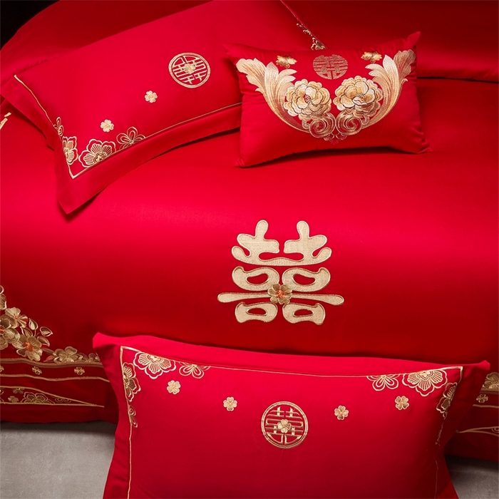 91家纺网 家纺一手货源 找家纺 红番天婚庆 （控价）2025新款全棉新中式刺绣款婚庆四件套多件套 嫁娶-金