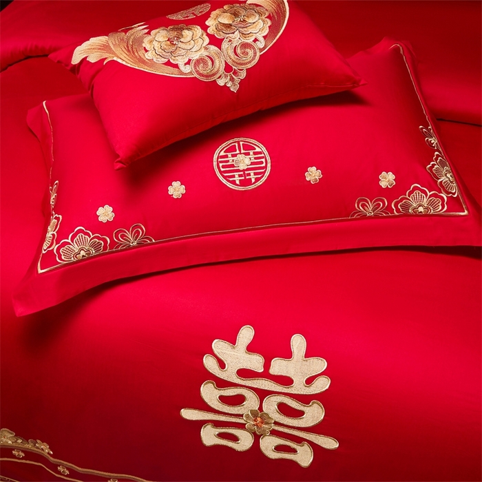 91家纺网 家纺一手货源 找家纺 红番天婚庆 （控价）2025新款全棉新中式刺绣款婚庆四件套多件套 嫁娶-金