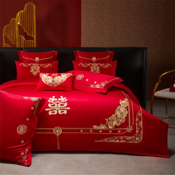 91家纺网 家纺一手货源 找家纺 红番天婚庆 （控价）2025新款全棉新中式刺绣款婚庆四件套多件套 嫁娶-金