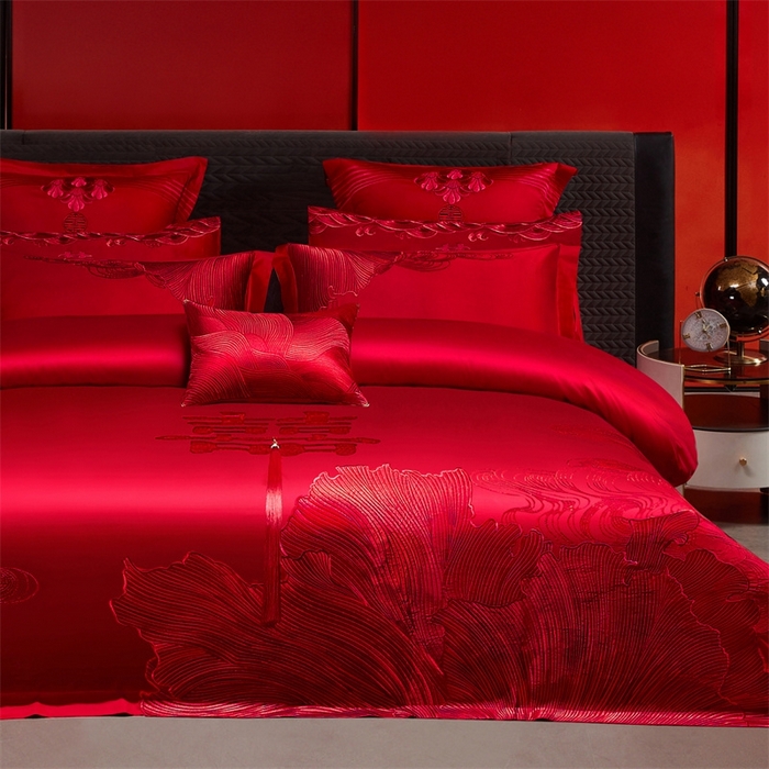 91家纺网 家纺一手货源 找家纺 红番天婚庆 （控价）2025新款全棉新中式刺绣款婚庆四件套多件套 开枝散叶