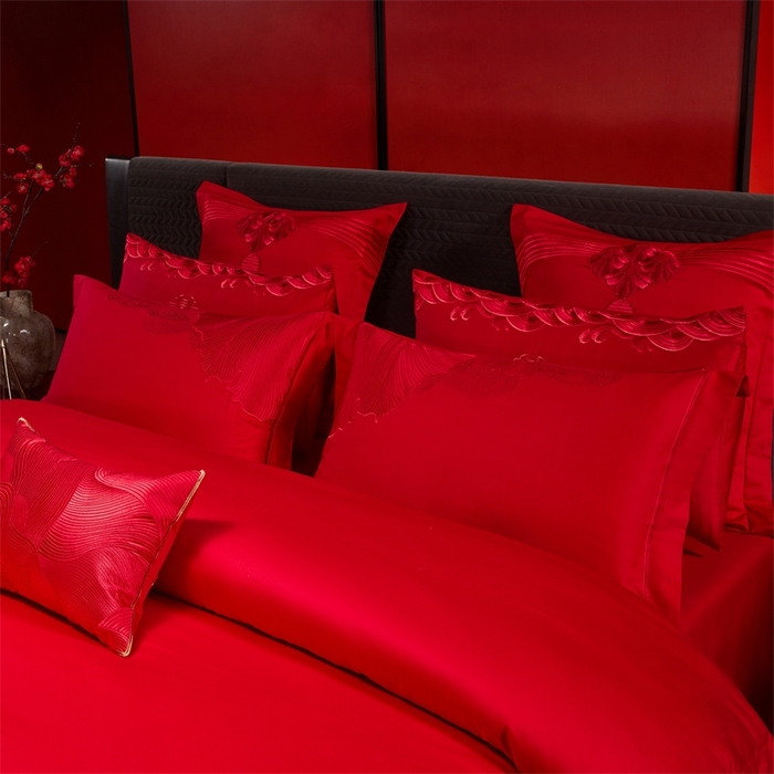 91家纺网 家纺一手货源 找家纺 红番天婚庆 （控价）2025新款全棉新中式刺绣款婚庆四件套多件套 开枝散叶