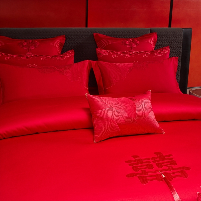 91家纺网 家纺一手货源 找家纺 红番天婚庆 （控价）2025新款全棉新中式刺绣款婚庆四件套多件套 开枝散叶