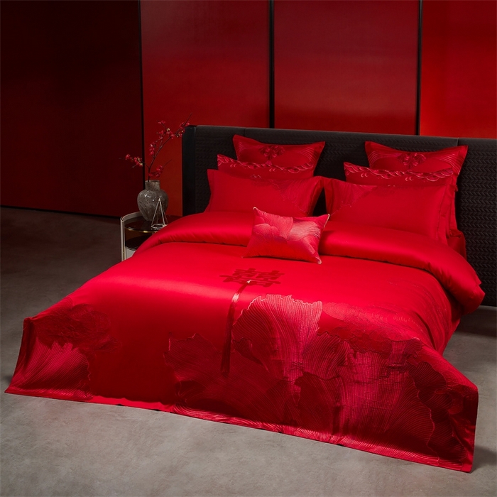 91家纺网 家纺一手货源 找家纺 红番天婚庆 （控价）2025新款全棉新中式刺绣款婚庆四件套多件套 开枝散叶