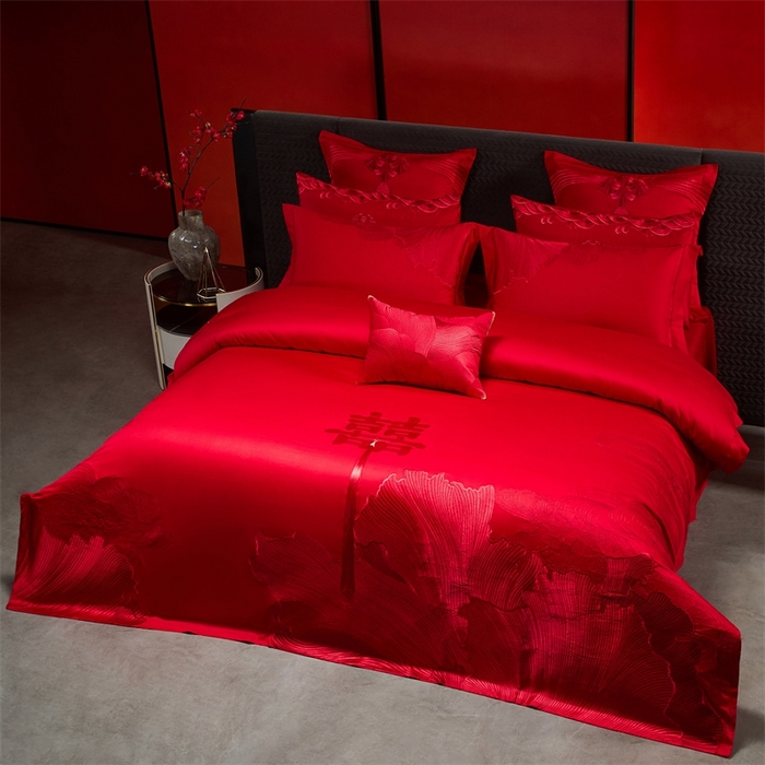 91家纺网 家纺一手货源 找家纺 红番天婚庆 （控价）2025新款全棉新中式刺绣款婚庆四件套多件套 开枝散叶