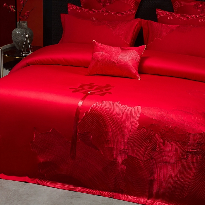 91家纺网 家纺一手货源 找家纺 红番天婚庆 （控价）2025新款全棉新中式刺绣款婚庆四件套多件套 开枝散叶