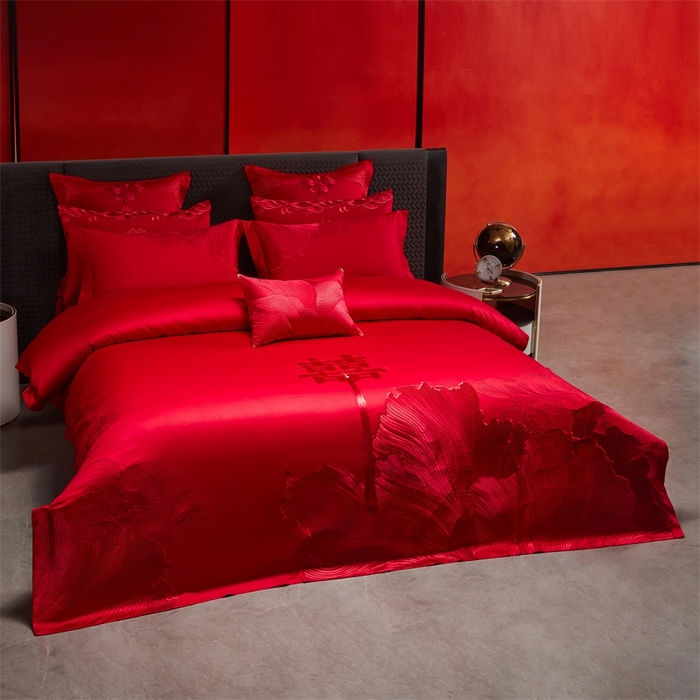 91家纺网 家纺一手货源 找家纺 红番天婚庆 （控价）2025新款全棉新中式刺绣款婚庆四件套多件套 开枝散叶