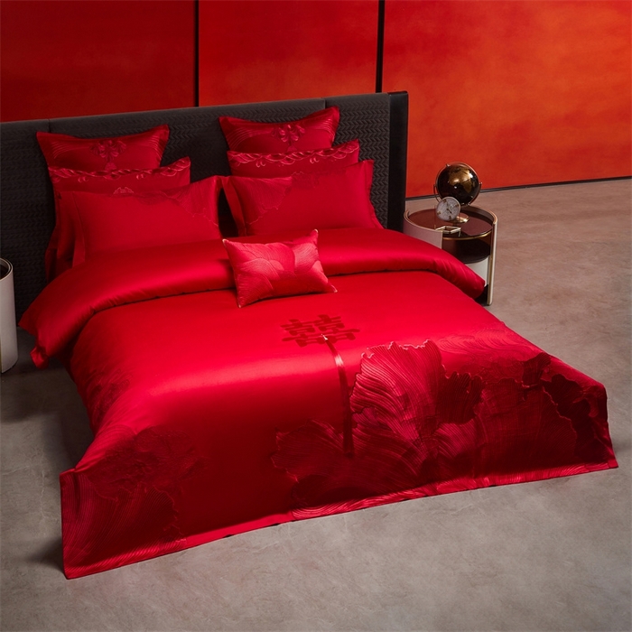 91家纺网 家纺一手货源 找家纺 红番天婚庆 （控价）2025新款全棉新中式刺绣款婚庆四件套多件套 开枝散叶