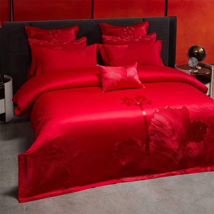 91家纺网 家纺一手货源 找家纺 红番天婚庆 （控价）2025新款全棉新中式刺绣款婚庆四件套多件套 开枝散叶