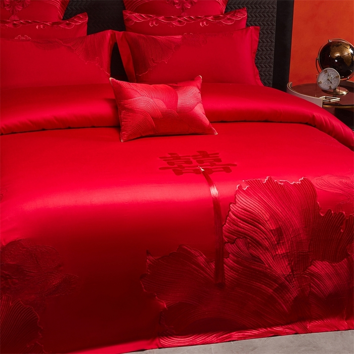 91家纺网 家纺一手货源 找家纺 红番天婚庆 （控价）2025新款全棉新中式刺绣款婚庆四件套多件套 开枝散叶