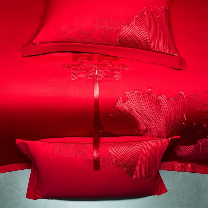 91家纺网 家纺一手货源 找家纺 红番天婚庆 （控价）2025新款全棉新中式刺绣款婚庆四件套多件套 开枝散叶