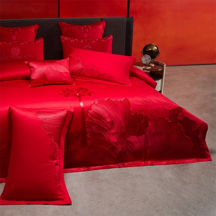 91家纺网 家纺一手货源 找家纺 红番天婚庆 （控价）2025新款全棉新中式刺绣款婚庆四件套多件套 开枝散叶