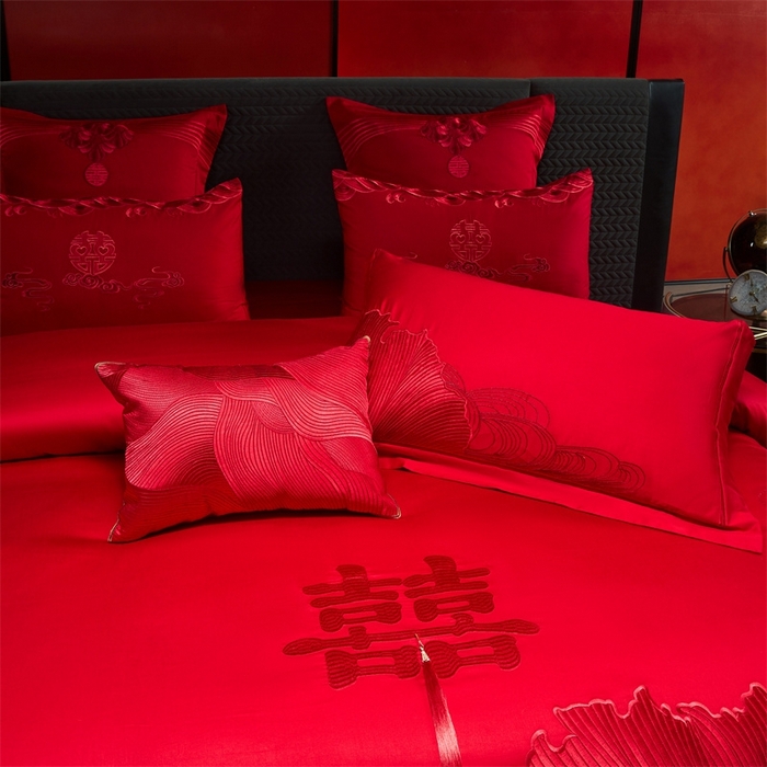 91家纺网 家纺一手货源 找家纺 红番天婚庆 （控价）2025新款全棉新中式刺绣款婚庆四件套多件套 开枝散叶