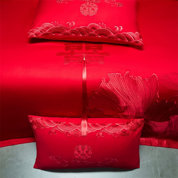 91家纺网 家纺一手货源 找家纺 红番天婚庆 （控价）2025新款全棉新中式刺绣款婚庆四件套多件套 开枝散叶