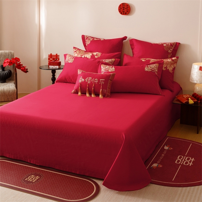 91家纺网 家纺一手货源 找家纺 红番天婚庆 （控价）2025新款全棉新中式刺绣款婚庆四件套多件套 恋语-金