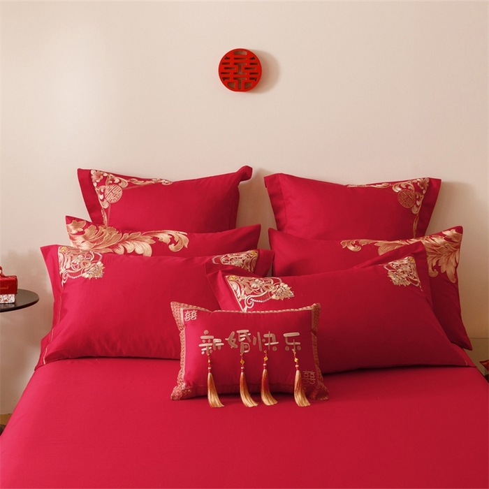 91家纺网 家纺一手货源 找家纺 红番天婚庆 （控价）2025新款全棉新中式刺绣款婚庆四件套多件套 恋语-金
