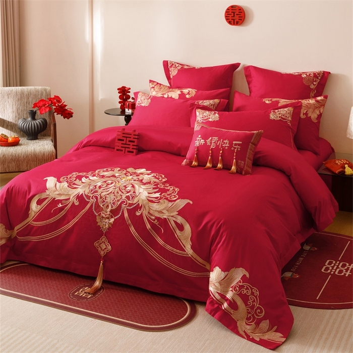 91家纺网 家纺一手货源 找家纺 红番天婚庆 （控价）2025新款全棉新中式刺绣款婚庆四件套多件套 恋语-金