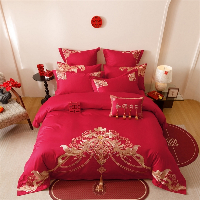 91家纺网 家纺一手货源 找家纺 红番天婚庆 （控价）2025新款全棉新中式刺绣款婚庆四件套多件套 恋语-金