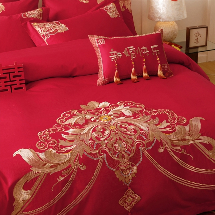 91家纺网 家纺一手货源 找家纺 红番天婚庆 （控价）2025新款全棉新中式刺绣款婚庆四件套多件套 恋语-金