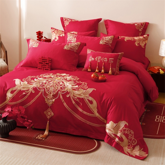 91家纺网 家纺一手货源 找家纺 红番天婚庆 （控价）2025新款全棉新中式刺绣款婚庆四件套多件套 恋语-金