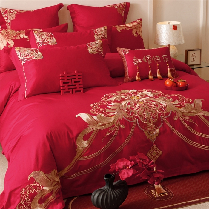 91家纺网 家纺一手货源 找家纺 红番天婚庆 （控价）2025新款全棉新中式刺绣款婚庆四件套多件套 恋语-金