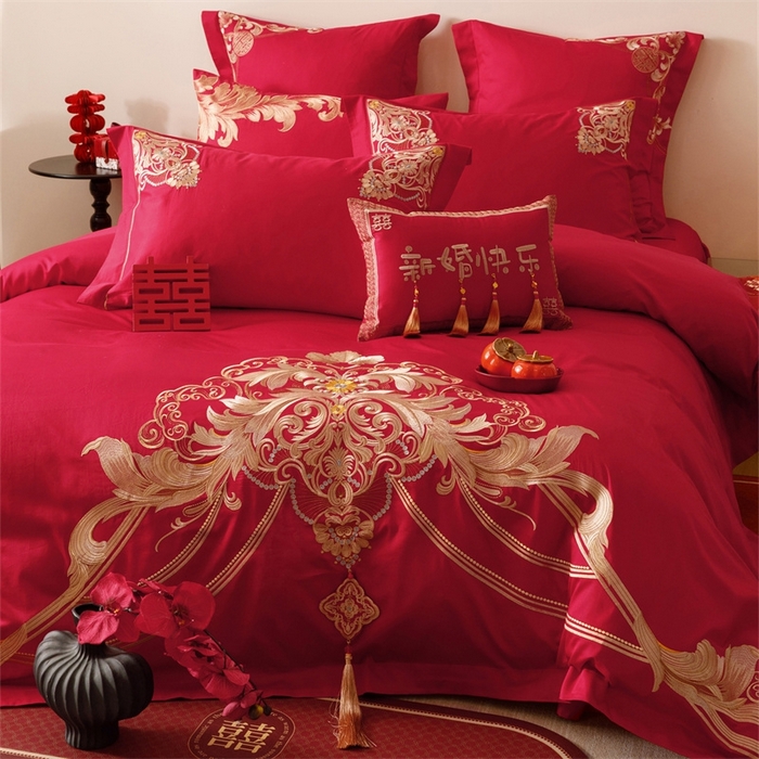 91家纺网 家纺一手货源 找家纺 红番天婚庆 （控价）2025新款全棉新中式刺绣款婚庆四件套多件套 恋语-金