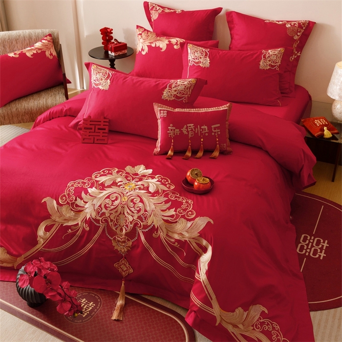 91家纺网 家纺一手货源 找家纺 红番天婚庆 （控价）2025新款全棉新中式刺绣款婚庆四件套多件套 恋语-金