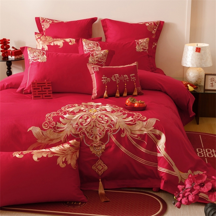 91家纺网 家纺一手货源 找家纺 红番天婚庆 （控价）2025新款全棉新中式刺绣款婚庆四件套多件套 恋语-金