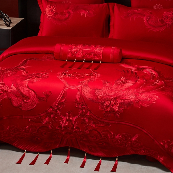91家纺网 家纺一手货源 找家纺 红番天婚庆 （控价）2025新款全棉新中式刺绣款婚庆四件套多件套 龙凤盛典-红