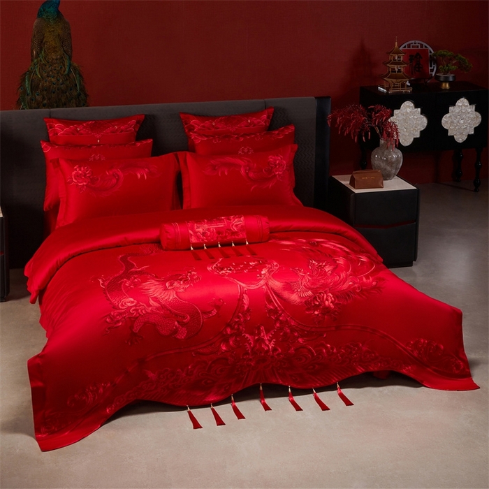 91家纺网 家纺一手货源 找家纺 红番天婚庆 （控价）2025新款全棉新中式刺绣款婚庆四件套多件套 龙凤盛典-红