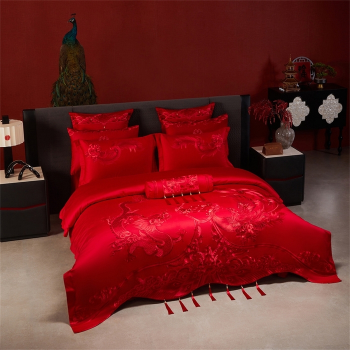 91家纺网 家纺一手货源 找家纺 红番天婚庆 （控价）2025新款全棉新中式刺绣款婚庆四件套多件套 龙凤盛典-红