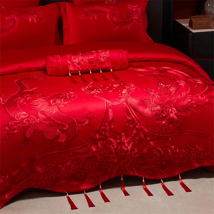 91家纺网 家纺一手货源 找家纺 红番天婚庆 （控价）2025新款全棉新中式刺绣款婚庆四件套多件套 龙凤盛典-红