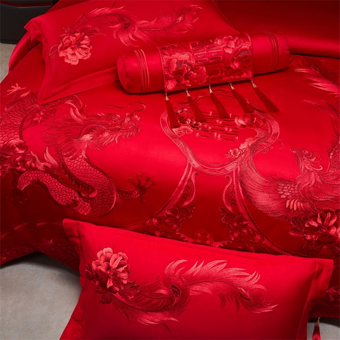 91家纺网 家纺一手货源 找家纺 红番天婚庆 （控价）2025新款全棉新中式刺绣款婚庆四件套多件套 龙凤盛典-红