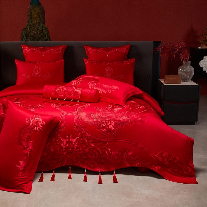 91家纺网 家纺一手货源 找家纺 红番天婚庆 （控价）2025新款全棉新中式刺绣款婚庆四件套多件套 龙凤盛典-红