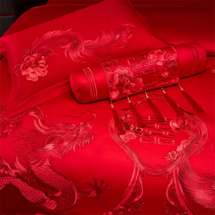 91家纺网 家纺一手货源 找家纺 红番天婚庆 （控价）2025新款全棉新中式刺绣款婚庆四件套多件套 龙凤盛典-红