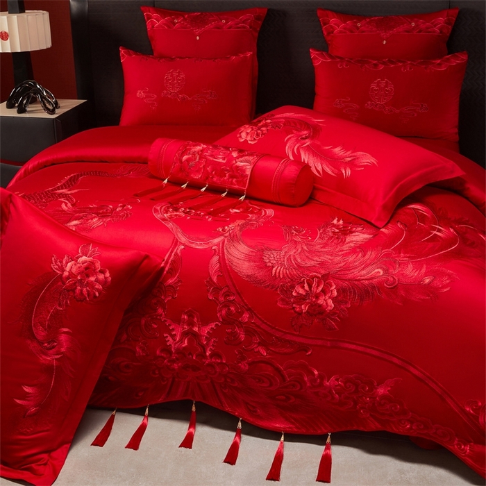 91家纺网 家纺一手货源 找家纺 红番天婚庆 （控价）2025新款全棉新中式刺绣款婚庆四件套多件套 龙凤盛典-红