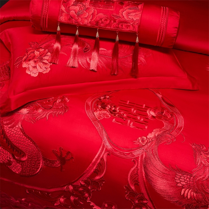 91家纺网 家纺一手货源 找家纺 红番天婚庆 （控价）2025新款全棉新中式刺绣款婚庆四件套多件套 龙凤盛典-红
