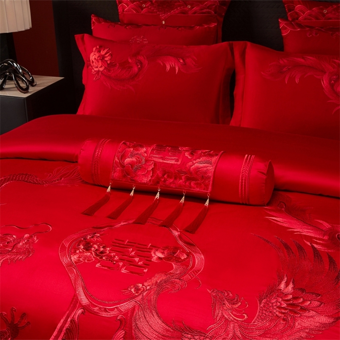 91家纺网 家纺一手货源 找家纺 红番天婚庆 （控价）2025新款全棉新中式刺绣款婚庆四件套多件套 龙凤盛典-红