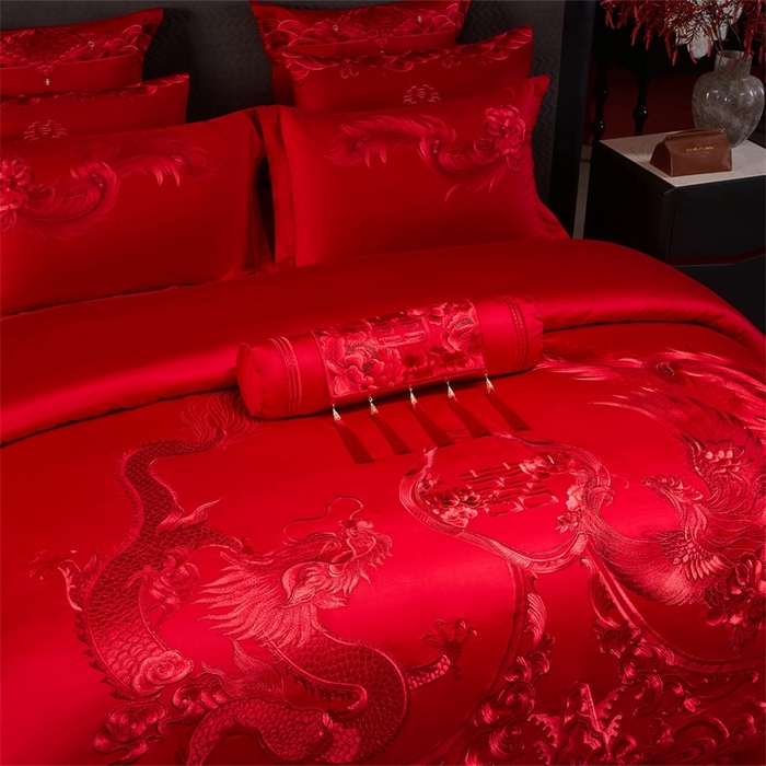 91家纺网 家纺一手货源 找家纺 红番天婚庆 （控价）2025新款全棉新中式刺绣款婚庆四件套多件套 龙凤盛典-红