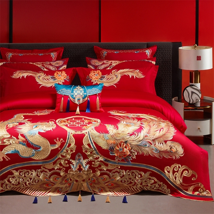 91家纺网 家纺一手货源 找家纺 红番天婚庆 （控价）2025新款全棉新中式刺绣款婚庆四件套多件套 龙凤盛典-金