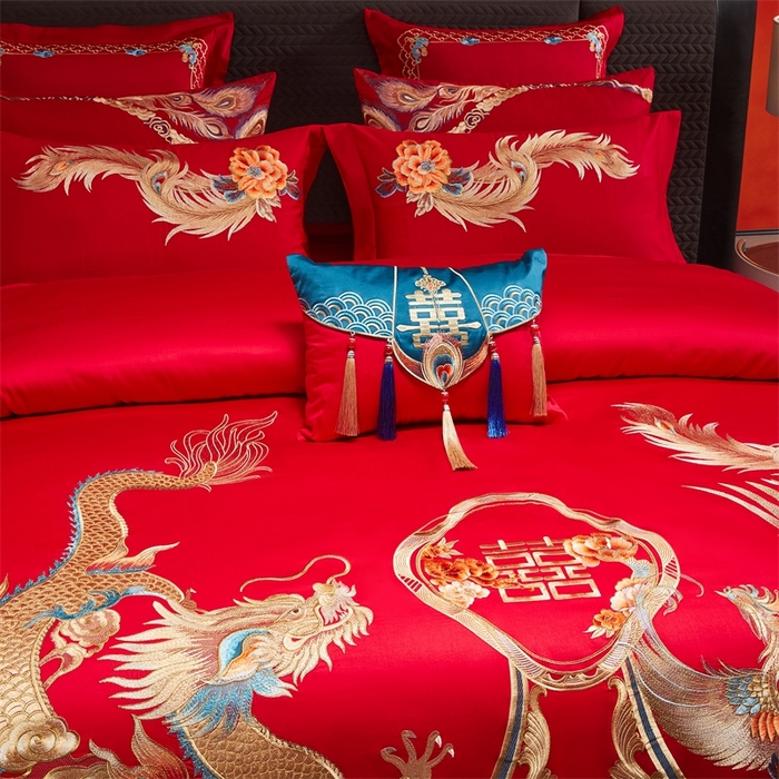 91家纺网 家纺一手货源 找家纺 红番天婚庆 （控价）2025新款全棉新中式刺绣款婚庆四件套多件套 龙凤盛典-金