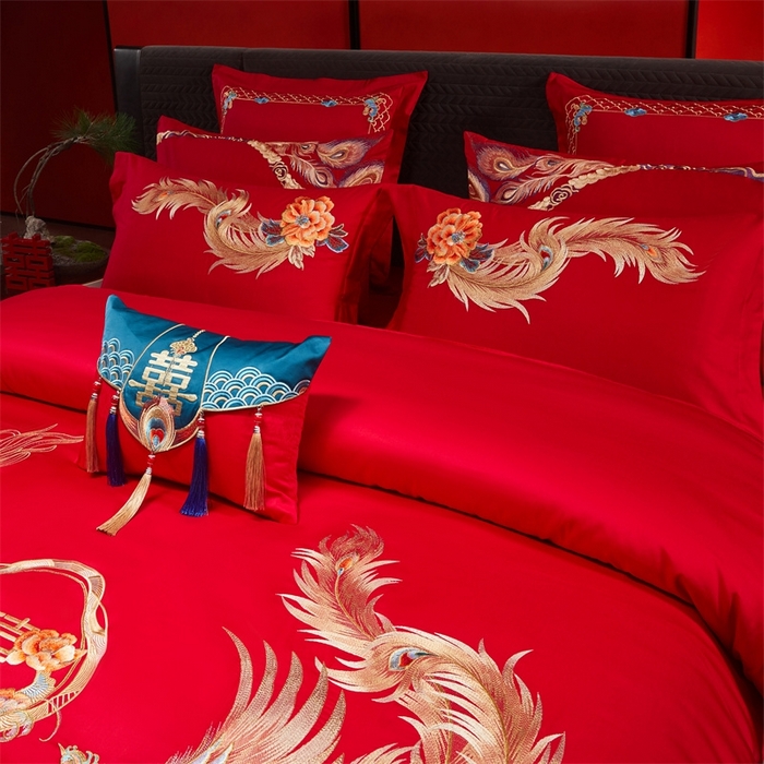 91家纺网 家纺一手货源 找家纺 红番天婚庆 （控价）2025新款全棉新中式刺绣款婚庆四件套多件套 龙凤盛典-金