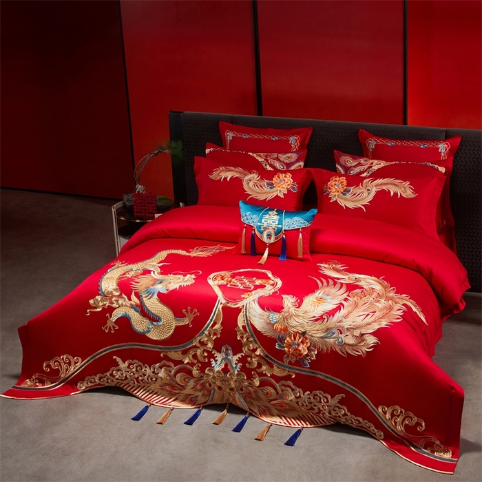 91家纺网 家纺一手货源 找家纺 红番天婚庆 （控价）2025新款全棉新中式刺绣款婚庆四件套多件套 龙凤盛典-金