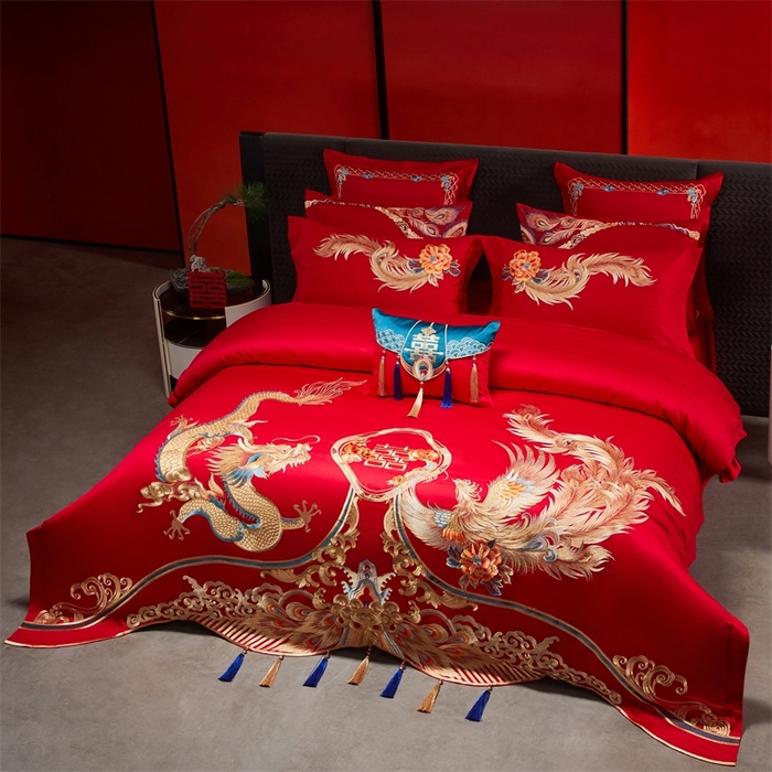 91家纺网 家纺一手货源 找家纺 红番天婚庆 （控价）2025新款全棉新中式刺绣款婚庆四件套多件套 龙凤盛典-金