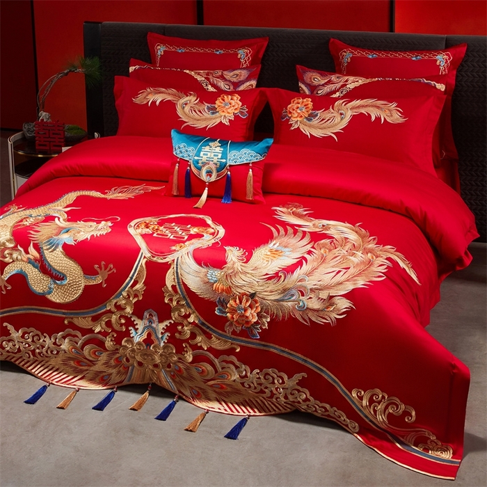 91家纺网 家纺一手货源 找家纺 红番天婚庆 （控价）2025新款全棉新中式刺绣款婚庆四件套多件套 龙凤盛典-金