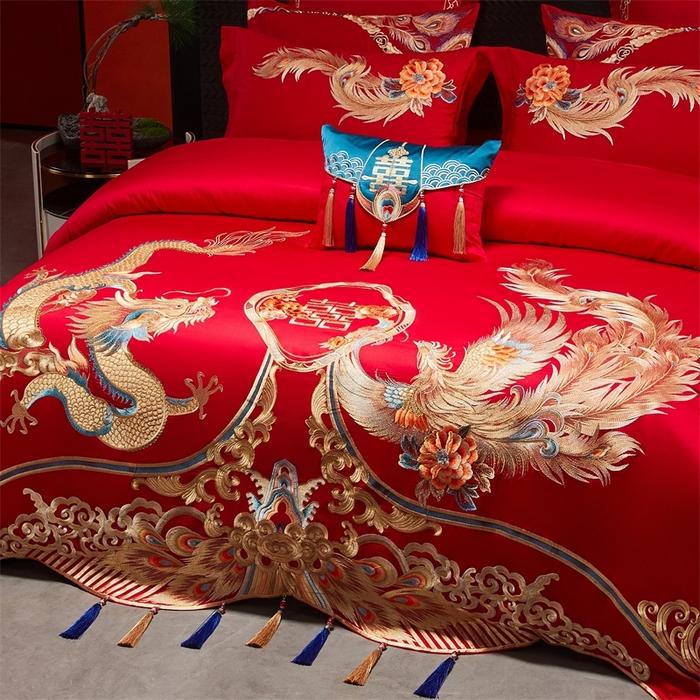 91家纺网 家纺一手货源 找家纺 红番天婚庆 （控价）2025新款全棉新中式刺绣款婚庆四件套多件套 龙凤盛典-金
