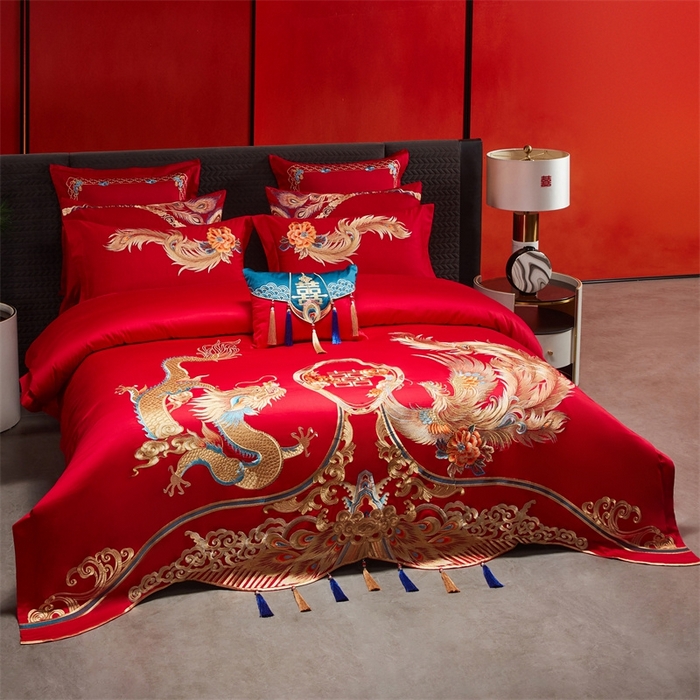 91家纺网 家纺一手货源 找家纺 红番天婚庆 （控价）2025新款全棉新中式刺绣款婚庆四件套多件套 龙凤盛典-金